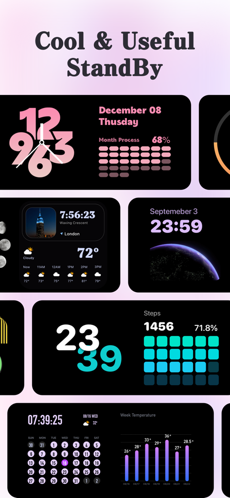 ThemeBox -Widgets,Themes,Icons - A variety of aesthetic iOS StandBy widgets including clocks, calendars, and step trackers