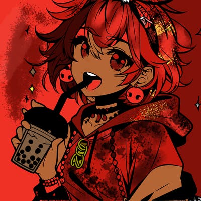 hot baddie anime girl drinking boba and biting the straw