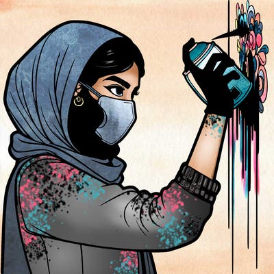 realistic girl with mask spray painting a wall