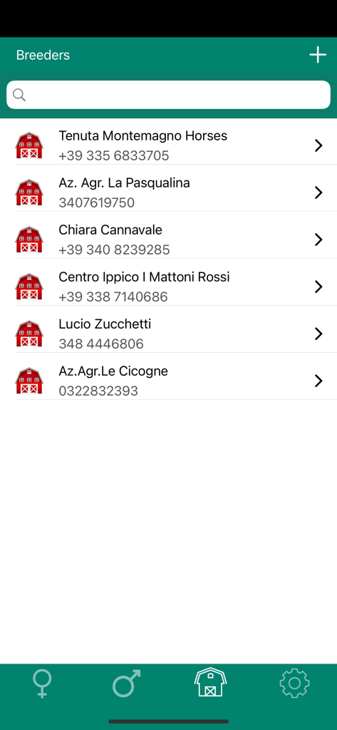 EquiBreedVet - Breeders directory screen in the EquiBreedVet app showing a list of horse breeders and their contact phone numbers