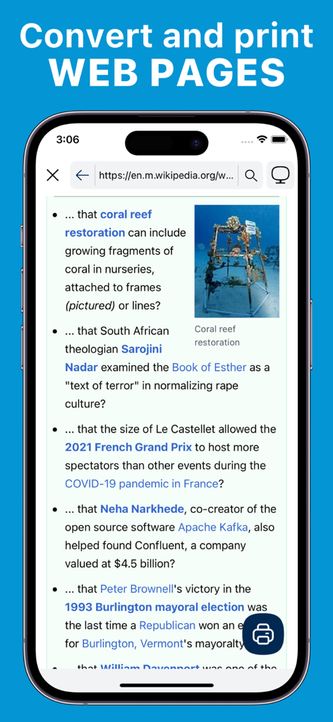Printer App: Smart Printer • - Un smartphone que muestra una página web dentro de la interfaz de la App de Impresión con una función para convertir e imprimir contenido web.