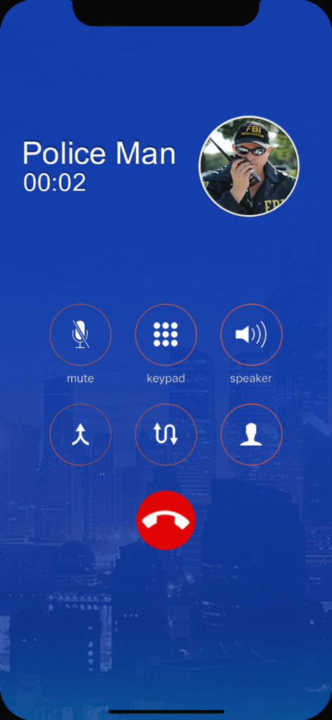 Interface of the Fake Phone Call From Police app showing an ongoing call screen from Police Man