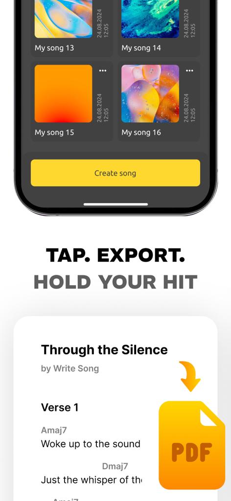 Interface of the Song Writer AI app showing a song list and the option to export lyrics and chords as a PDF document
