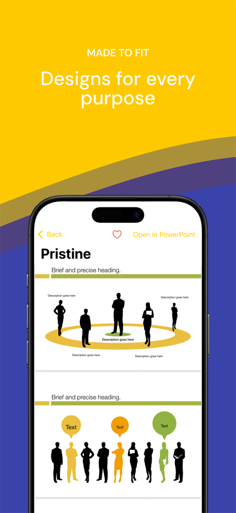 Écran d'iPhone affichant des modèles de présentation PowerPoint professionnels avec des graphiques d'entreprise
