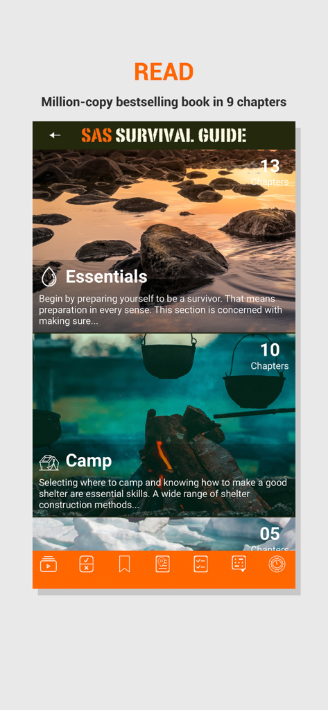SAS Survival Guide - SAS Survival Guide app interface showing essentials and camping survival chapters