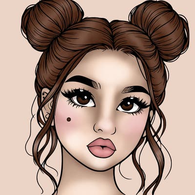 realistic girl with two buns on her hair and lips