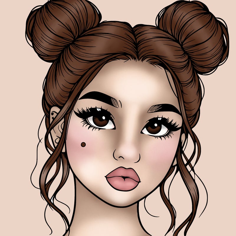 realistic girl with two buns on her hair and lips