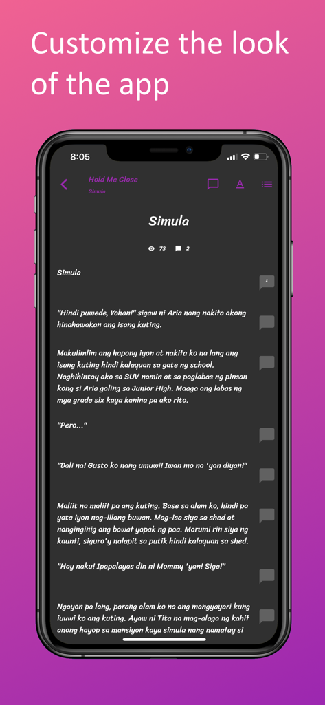 Mobile phone displaying the Jonaxx Stories app reading interface in dark mode.