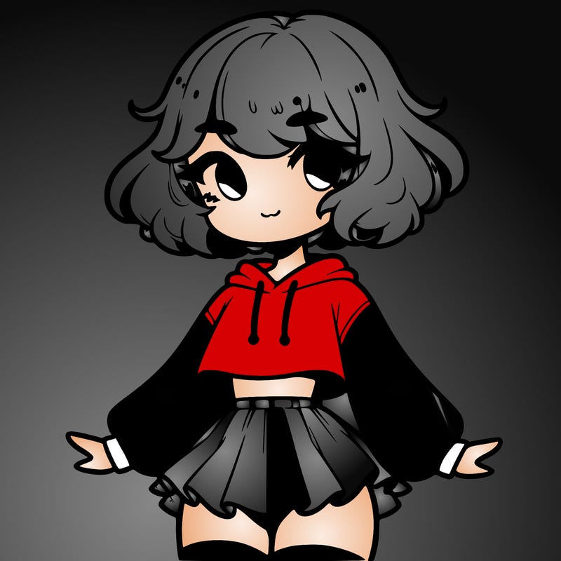 cute femboy with short, fluffy hair that softly frames their face, wearing a cropped hoodie, paired with a flouncy short skirt, and thigh-high stockings