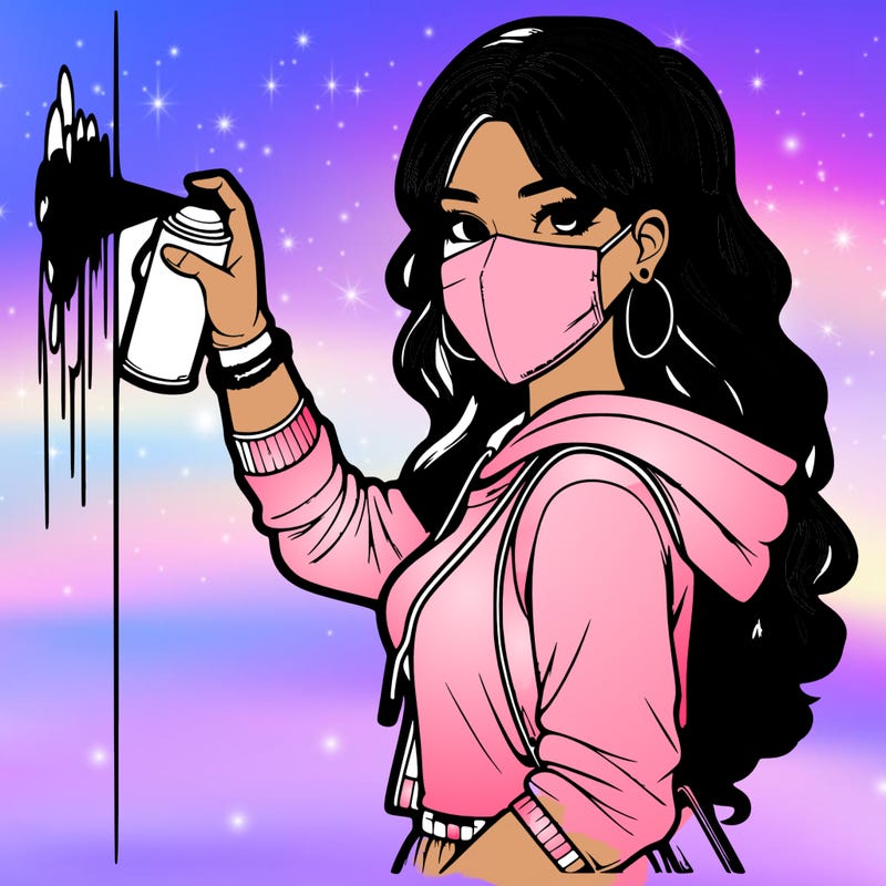 realistic girl with mask spray painting a wall