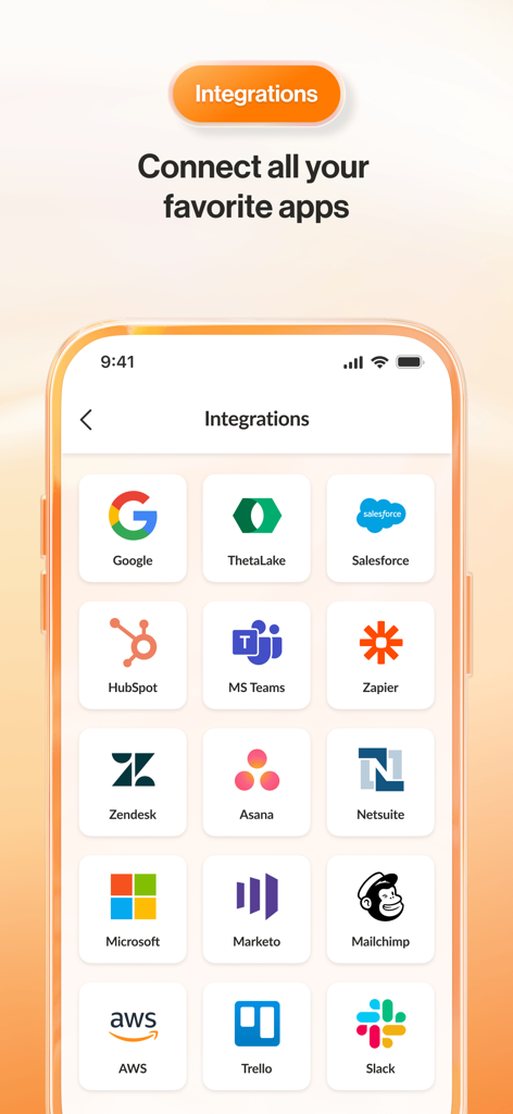 RingCentral mobile app screen showing integrations with popular business tools like Google, Salesforce, and Slack.