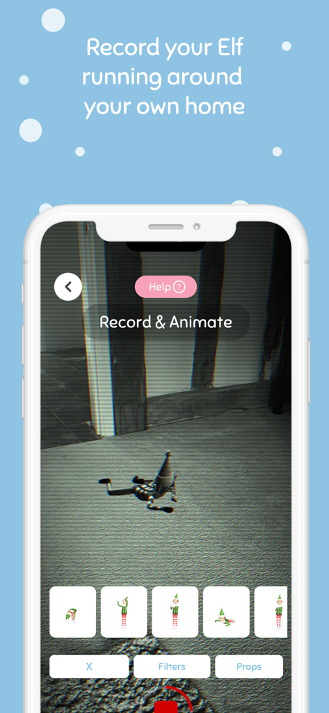 Elf Cam - Santa's elf tracker - Smartphone screen showing an augmented reality elf running on a room floor with video recording controls.