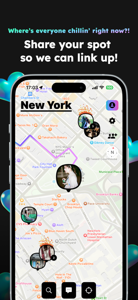 ニューヨーク市の地図上に友達のリアルタイムの位置を示すwhooアプリインターフェース