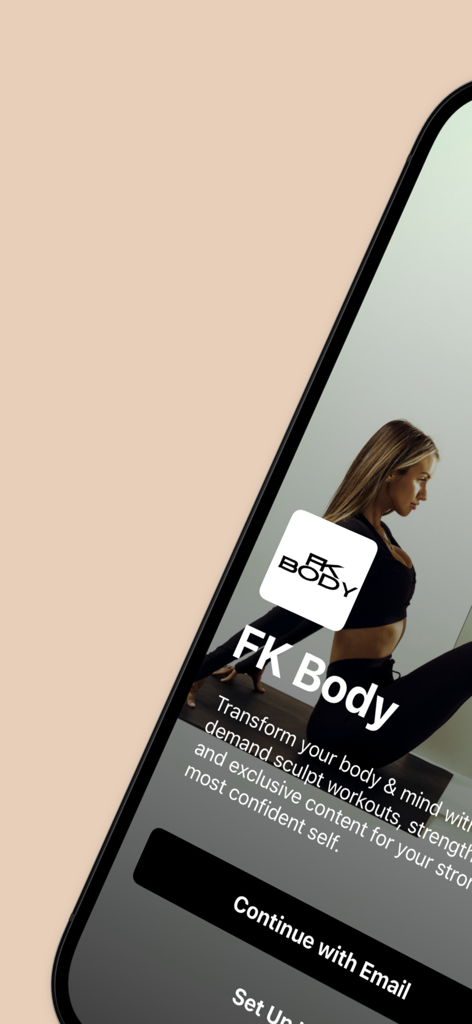 FK Body - FK Body app welcome screen featuring a woman in a fitness pose with sign up options