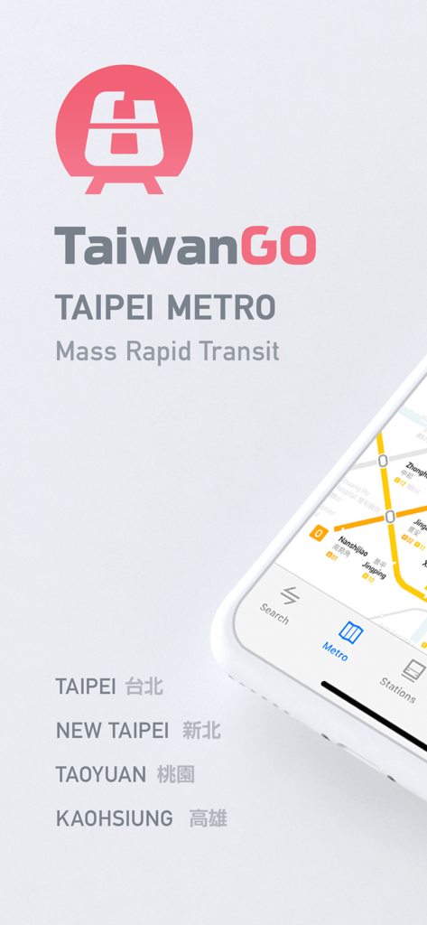 MetroMan Taipei - Interfaz de la aplicación MetroMan Taipei mostrando un mapa de metro y opciones de tránsito para ciudades de Taiwán
