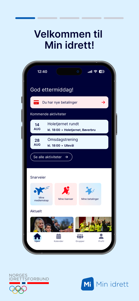 Min idrett - Home dashboard of the Min idrett sports management app showing activities and memberships