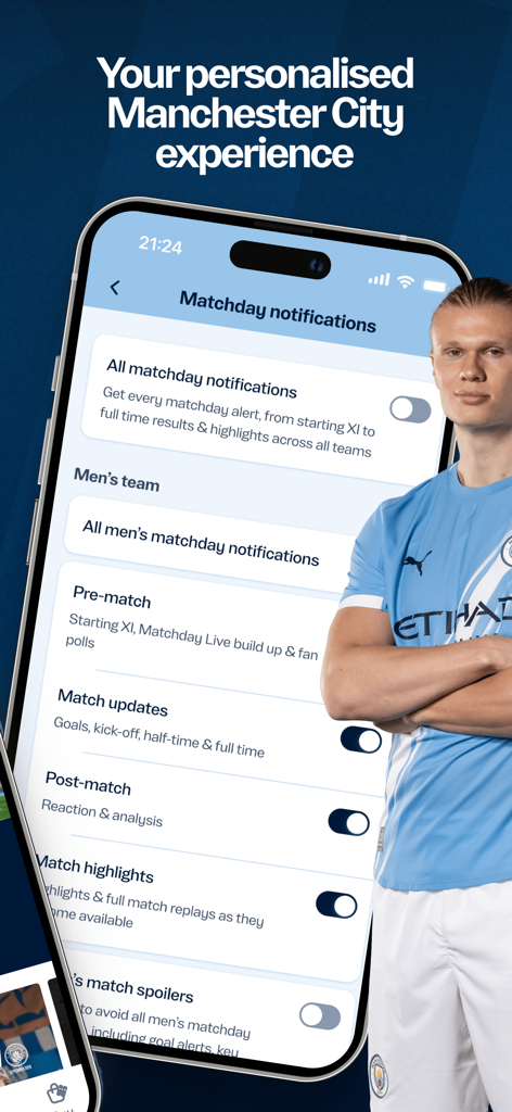 Manchester City Official App - Einstellungsbildschirm für Spieltag-Benachrichtigungen der offiziellen Manchester City App mit Erling Haaland