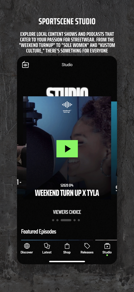 Sportscene Social Club - Sportscene Social Club app interface showing the studio section with streetwear podcasts and featured video content