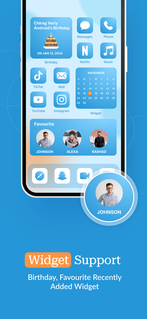 iPhone home screen showing birthday and favorite contact widgets.