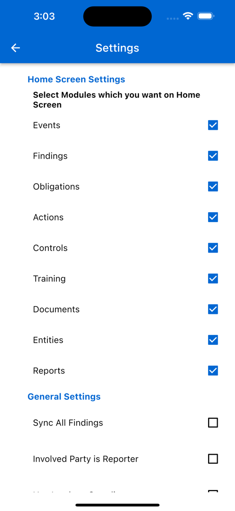 Settings screen of the CMO Compliance V19 app showing home screen module customization options