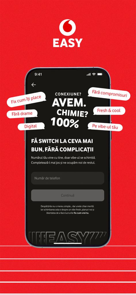 Vodafone EASY - Onboarding-Bildschirm der Vodafone EASY App, der digitale Telekommunikationsfunktionen und flexible Tarife zeigt.