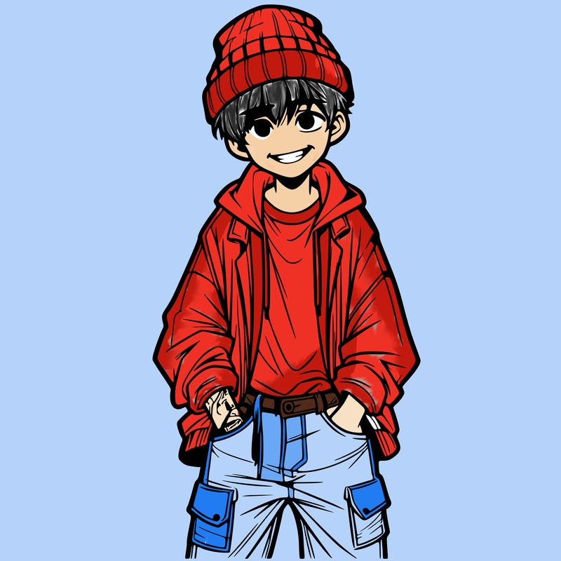 teenage realistic boy with baggy clothes and a grin