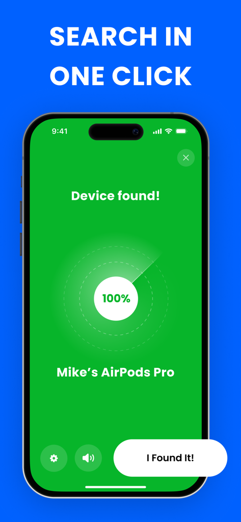 Smartphone screen showing a Bluetooth device finder app successfully locating lost AirPods Pro with 100 percent signal strength