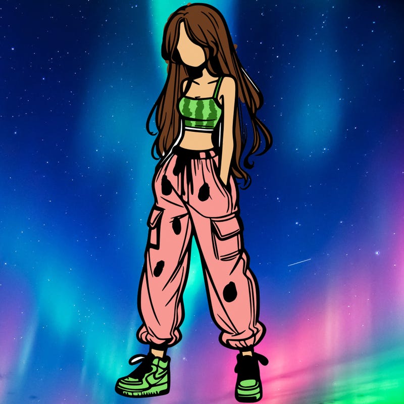 girl in baggy pants crop top and long hair