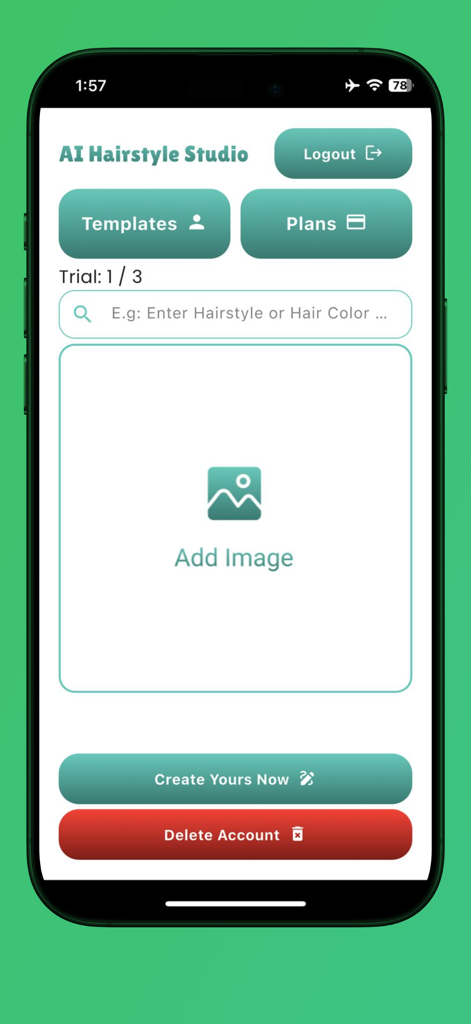 Bald Filter: AI Hairstyle - Main interface of the AI Hairstyle Studio app showing options to add an image and enter a hairstyle prompt