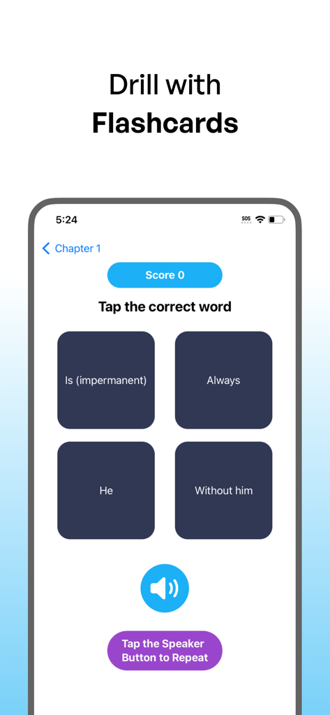Polyglot: Learn New Languages - Uma interface de aprendizado de idiomas mostrando um exercício interativo de flashcards com opções de palavras e um botão de alto-falante