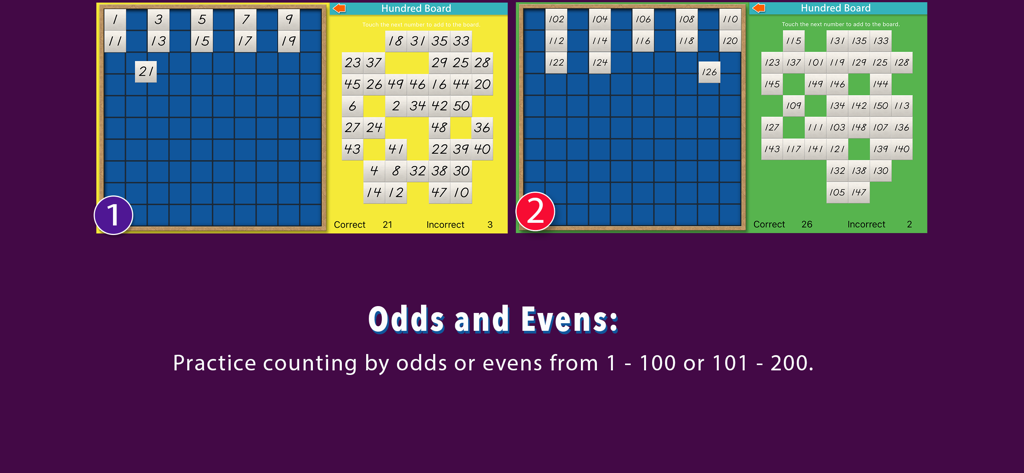 Hundred Board School Edition - Screenshot of the Hundred Board School Edition app demonstrating odd and even number counting activities on a digital Montessori board.