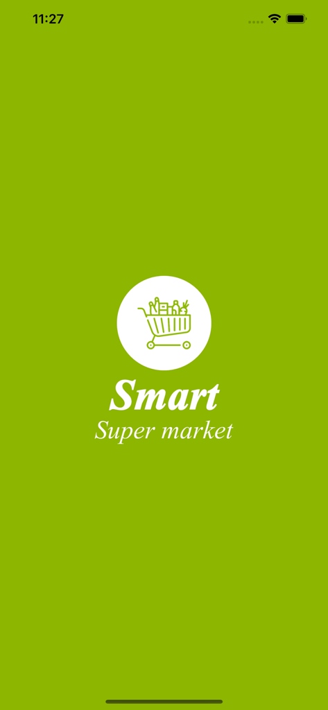 Smart Supermarket mobile app splash screen with a white shopping cart logo on a green background