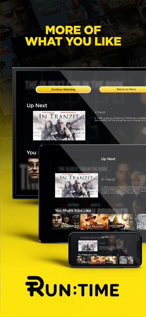 Runtime TV app displayed on a television, iPad, and iPhone showcasing free movie and show streaming
