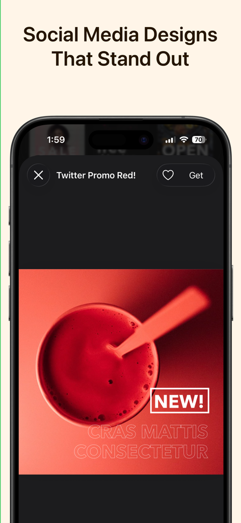 Una vista previa de una plantilla de diseño de redes sociales roja en la pantalla de un iPhone dentro de la aplicación Toolbox for Pages