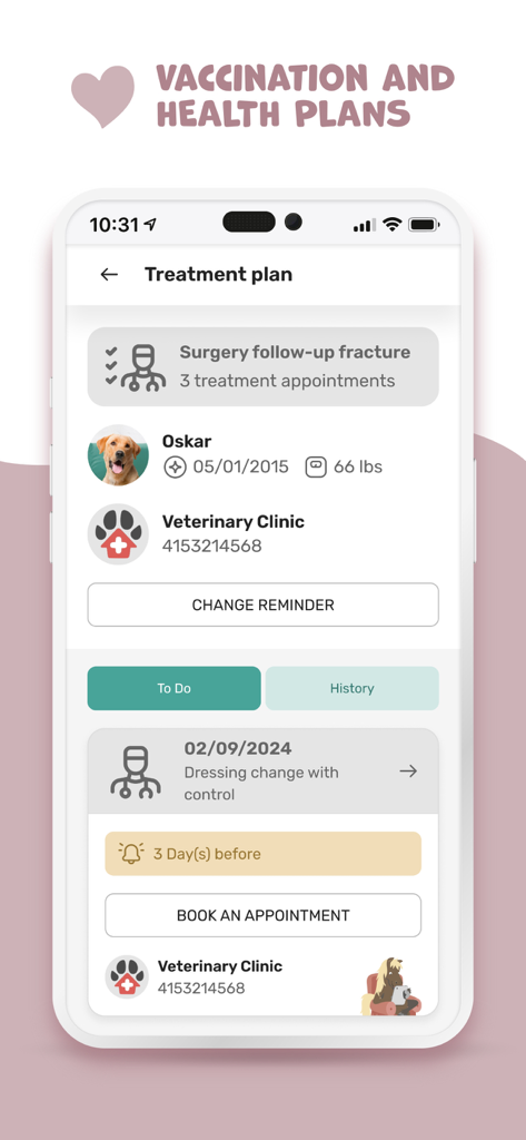 petsXL | smart animal health - Smartphone screen showing a pet treatment plan and upcoming veterinary appointments for a dog