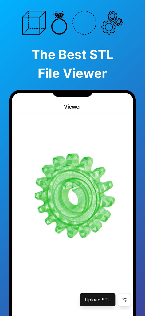 A mobile app interface displaying a green 3D gear model on an iPhone screen with the title The Best STL File Viewer