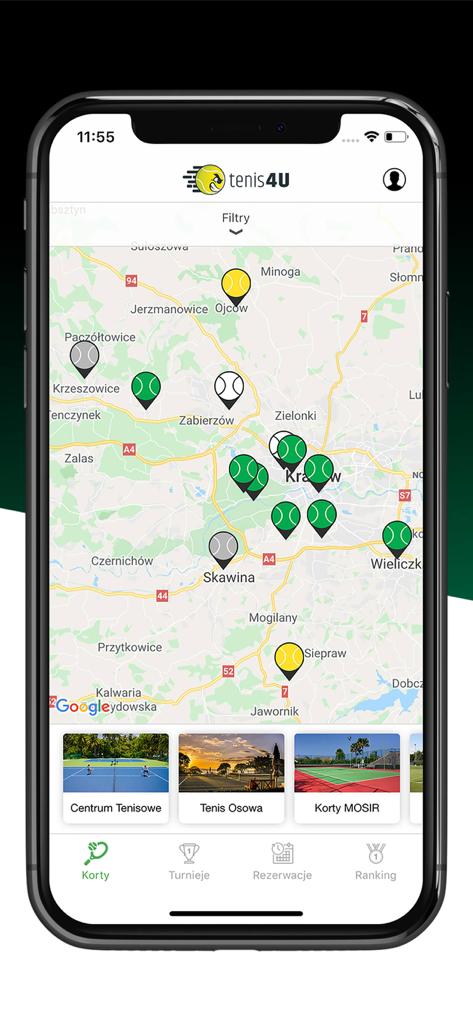 Mobile app interface showing a map with tennis ball pins representing court locations and facility previews at the bottom
