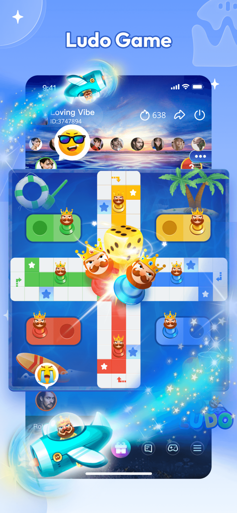 Whis-Chat, Party & Game - A mobile screen showing the Ludo game interface within the Whis social app including player avatars and a tropical themed game board.