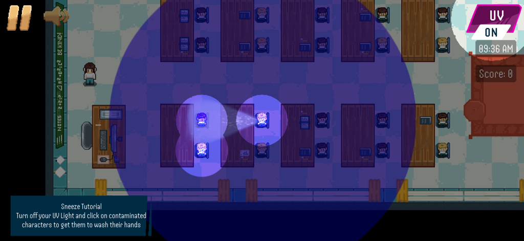 Hand Washing Trainer - Hand Washing Trainer app screenshot showing a pixel art classroom with UV light highlighting contaminated characters