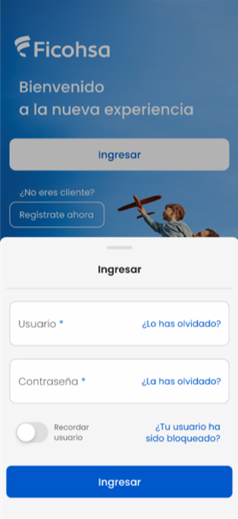 Ficohsa - Écran de connexion de l'application mobile Ficohsa montrant les champs nom d'utilisateur et mot de passe en espagnol