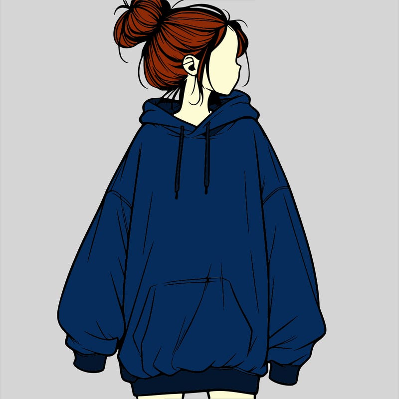realistic girl with a oversized sweatshirt on and a bun