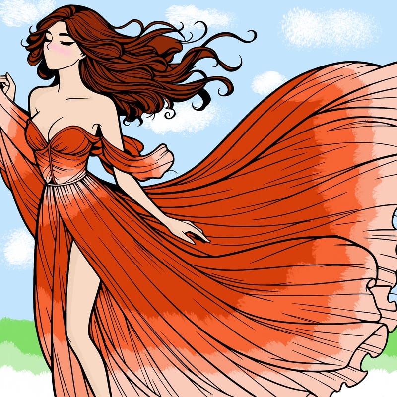 realistic woman in dress flowing the the wind