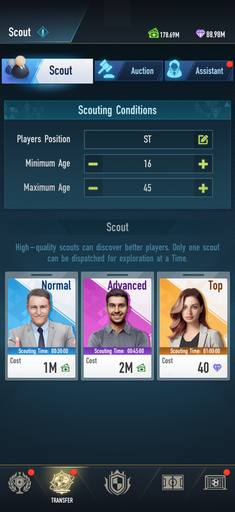 Football Career - Soccer Games - Scouting interface in Football Career soccer game showing player position filters and different scout tiers