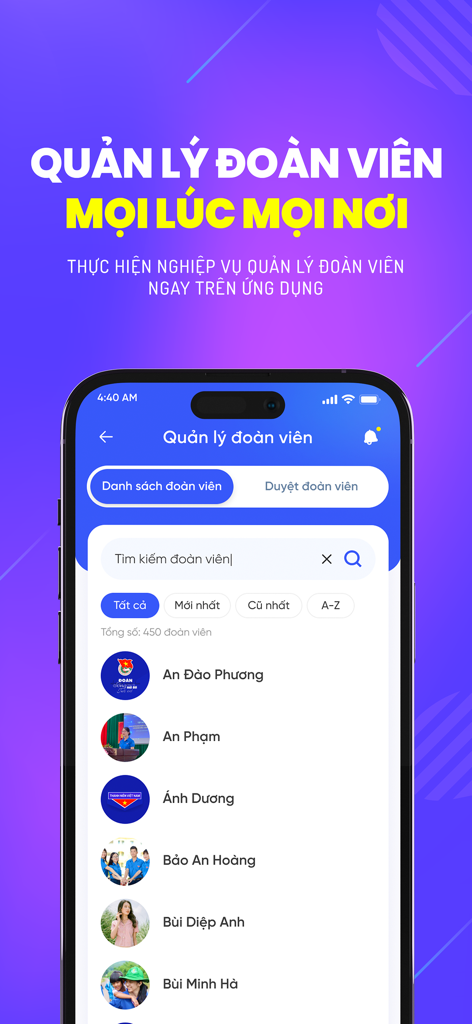 Thanh niên Việt Nam - Capture d'écran de l'application Thanh nien Viet Nam montrant l'interface de gestion des membres avec une liste d'utilisateurs et une fonctionnalité de recherche.