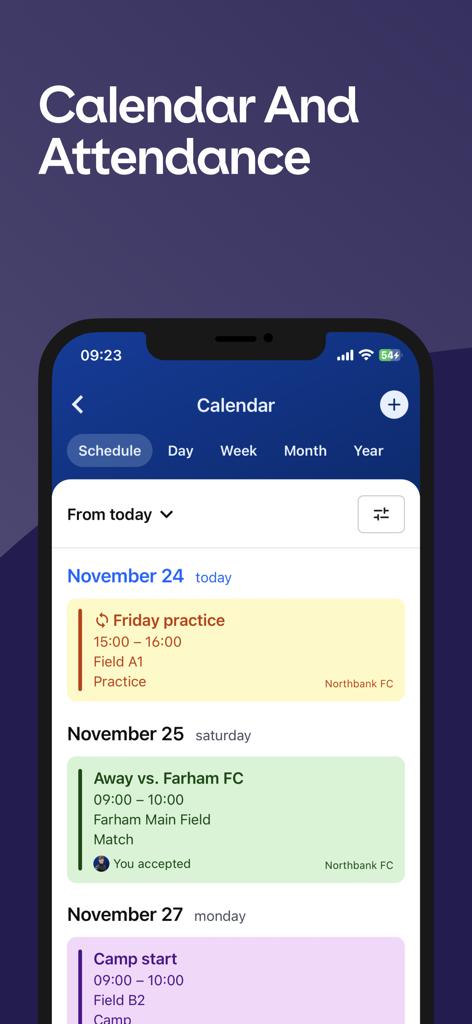 A mobile screen showing the 360Player calendar feature with scheduled practices and matches for a sports club.