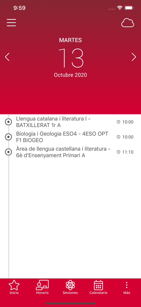 Interfaz de la aplicación Clickedu que muestra un horario escolar diario con clases como Catalán y Biología listadas con horarios.