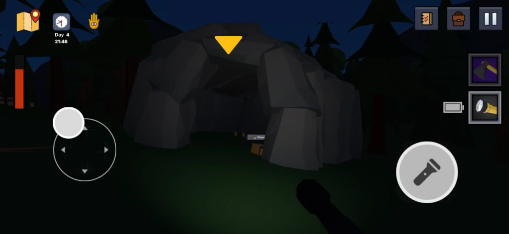 99 Nights In Forest: Survival - First-person gameplay showing a flashlight illuminating a cave entrance at night in a forest survival horror game.