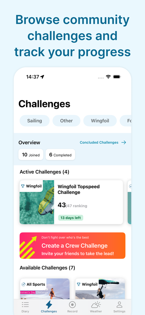 Waterspeed app screen showing community challenges and progress tracking for sailing and wingfoiling