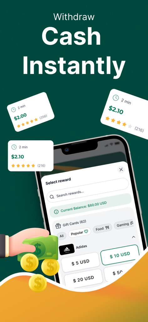 TopSurveys: Earn Free Cash Now - Schermata dell'app mobile TopSurveys che mostra opzioni per prelevare contanti e selezionare ricompense con buoni regalo con un saldo di 60 dollari.