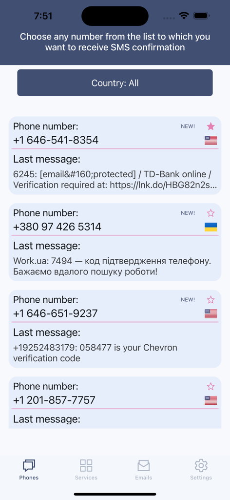 Lista de números de teléfono virtuales para verificación por SMS en la aplicación